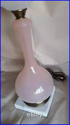 VTG PINK Hand Blown Glass Lamp Opaline Table WHITE Font Marble Brass Murano
