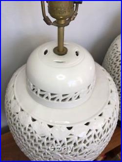 VTG Pair Blanc de Chine Reticulated Ceramic Lamps White Hollywood Regency MCM