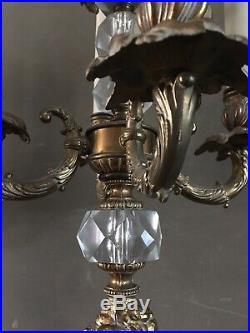 VTG Pair Cherub Candelabra Electric Table Lamps Brass Crystal Hollywood Regency
