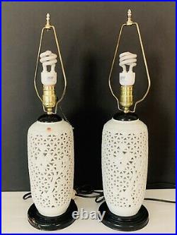 VTG Pair Hollywood Regency Reticulated Blanc De Chine Cherry Blossom Lamps
