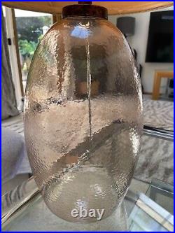 VTG RETRO Blush Clear Hammered Glass Jar Large Table Lamp & MCM Linen Shade EUC