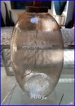 VTG RETRO Blush Clear Hammered Glass Jar Large Table Lamp & MCM Linen Shade EUC