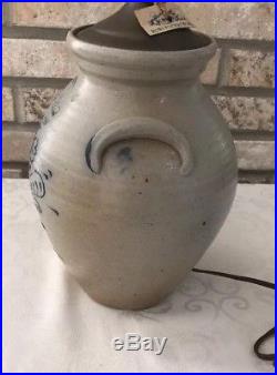 VTG Rowe Pottery Works #2 Salt Glaze Crock Blue Flower Bee Sting Table Lamp