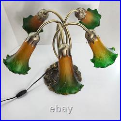 VTG Tiffany Style Tulip Table Lamp Lily Pad Base Amber Green 5 Arm 17 High