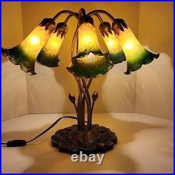 VTG Tiffany Style Tulip Table Lamp Lily Pad Base Amber Green 5 Arm 17 High