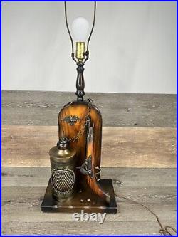 VTG Wood Carved Table Lamp With Pistol And Nautical Lamp 2 Way Flaming Nightlight