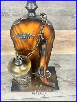 VTG Wood Carved Table Lamp With Pistol And Nautical Lamp 2 Way Flaming Nightlight