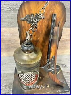 VTG Wood Carved Table Lamp With Pistol And Nautical Lamp 2 Way Flaming Nightlight