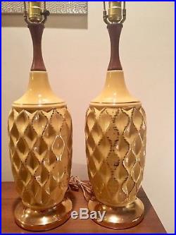 VTG Yellow Ceramic & Teak Wood Table Lamps Mid Century Modern Berger Harp