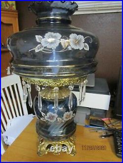 Very Large Vintage Hurricane Lamp Clear Blue Glass With Crystal Prisms 25Tall