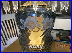 Very Large Vintage Hurricane Lamp Clear Blue Glass With Crystal Prisms 25Tall