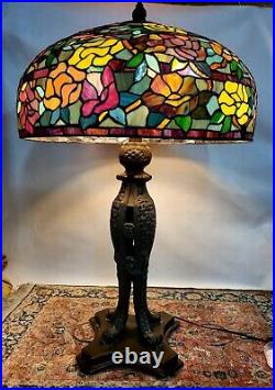 Very Large Vintage Leaded Glass Lamp with Heavy Base