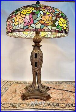 Very Large Vintage Leaded Glass Lamp with Heavy Base