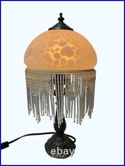 Victorian Boudoir Lamp Office Table Vintage Bronze Metal Base With Glass Beaded