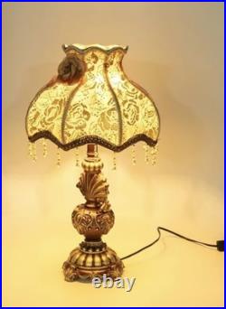 Victorian Table Lamp Vintage Style Lace Shade Beaded Fringe Rose Acc Bronze Gold