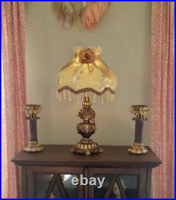 Victorian Table Lamp Vintage Style Lace Shade Beaded Fringe Rose Acc Bronze Gold