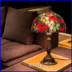 Vintage 12 Tiffany Style Maple Leaf Stained Glass Table Lamp Red Green Bedside