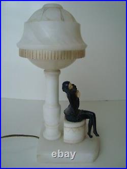 Vintage 1930s Art Deco Carved Alabaster & Spelter Harlequin Pierrot Table Lamp