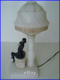 Vintage 1930s Art Deco Carved Alabaster & Spelter Harlequin Pierrot Table Lamp