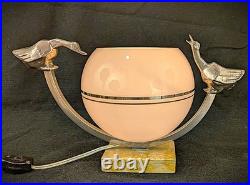 Vintage 1930s French Art Deco Table Lamp with Birds & Glass Shade