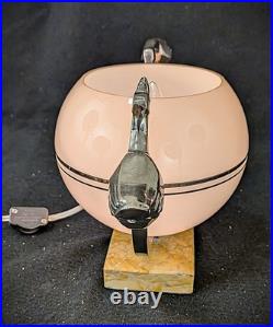 Vintage 1930s French Art Deco Table Lamp with Birds & Glass Shade