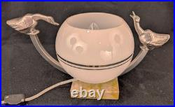 Vintage 1930s French Art Deco Table Lamp with Birds & Glass Shade