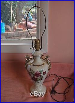 Vintage 1940's China Lamp Ruby Roses Gold Accents Signed Worrall