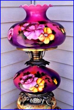 Vintage 1940s 60s Hand Painted Roses GWTW Hurricane Banquet Parlor Table Lamp