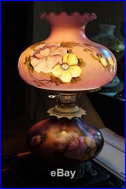 Vintage 1940s 60s Hand Painted Roses GWTW Hurricane Banquet Parlor Table Lamp