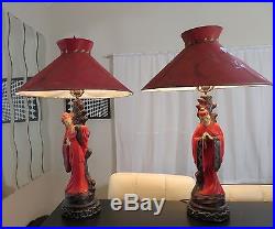 Vintage 1950's Beautiful Oriental Asian pair of Chalkware Lamps With Shades 28H