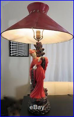 Vintage 1950's Beautiful Oriental Asian pair of Chalkware Lamps With Shades 28H