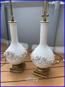 Vintage 1960's Marbro White Italian Porcelain Lamp Pair With Raised Flowers