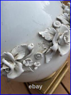 Vintage 1960's Marbro White Italian Porcelain Lamp Pair With Raised Flowers