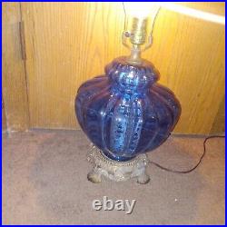 Vintage 1960s Mid-Century Modern Cobalt Blue Glass Table Lamp, Hollywood Regency