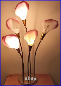 Vintage 1970s 5 Stem Brass Pink Calla Lily Table Lamp 36 3 way