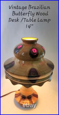 Vintage 1970s Brazilian Butterfly Wood Desk/Table Lamp Mushroom Shade 14 Tall