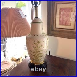 Vintage 1970s Ceramic Brass Frederick Cooper Lamp White Green Leaf Floral