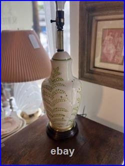 Vintage 1970s Ceramic Brass Frederick Cooper Lamp White Green Leaf Floral