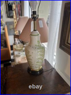 Vintage 1970s Ceramic Brass Frederick Cooper Lamp White Green Leaf Floral
