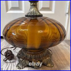 Vintage 1971 L&L WMC Amber Swirl Glass Table Lamp Hollywood Regency