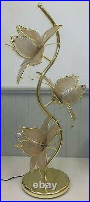 Vintage 1980s Retro Brass & Pink Glass Lotus Flowers 3-Way Light 40 Tall Lamp
