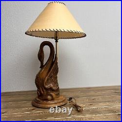 Vintage 1988 Bella Lighting Carved Heavy Oak Wood Table Lamp Swan 30 Sculpture