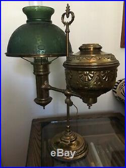 Vintage 22 1/2 Brass Student Library Electric Green Shade Table Lamp