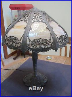 Vintage 23H cast metal, ornate 8 panel carmel slag glass single socket lamp