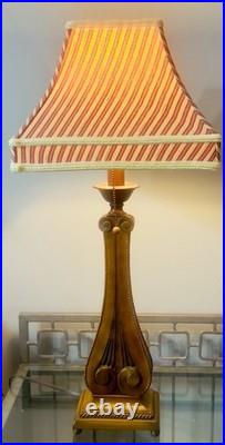 Vintage 30-1/8 Wooden Table Lamp With Retro Red Stripe Shade Ornate Base Design Vintage 30-1/8 Wooden Table Lamp With Retro Red Stripe Shade Ornate Base Design