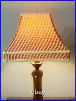 Vintage 30-1/8 Wooden Table Lamp With Retro Red Stripe Shade Ornate Base Design