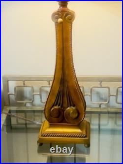 Vintage 30-1/8 Wooden Table Lamp With Retro Red Stripe Shade Ornate Base Design