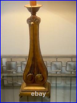 Vintage 30-1/8 Wooden Table Lamp With Retro Red Stripe Shade Ornate Base Design Vintage 30-1/8 Wooden Table Lamp With Retro Red Stripe Shade Ornate Base Design