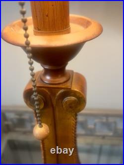 Vintage 30-1/8 Wooden Table Lamp With Retro Red Stripe Shade Ornate Base Design