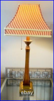 Vintage 30-1/8 Wooden Table Lamp With Retro Red Stripe Shade Ornate Base Design Vintage 30-1/8 Wooden Table Lamp With Retro Red Stripe Shade Ornate Base Design